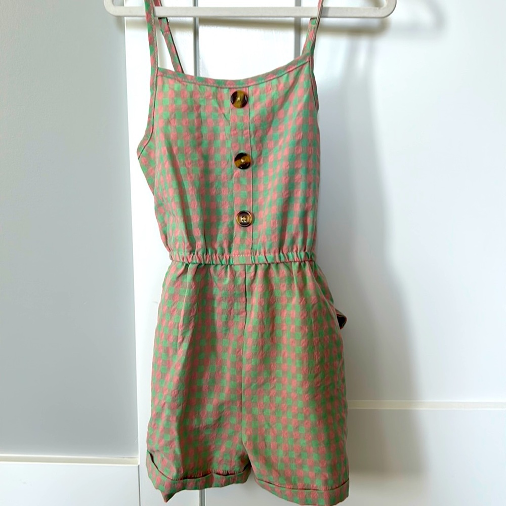 Green and pink checked jumpsuit
